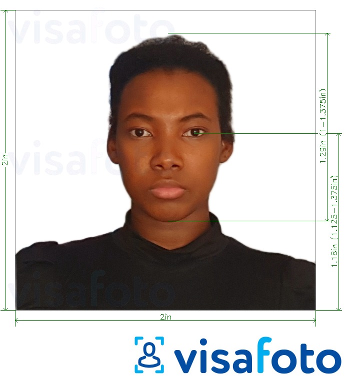 Przykład zdjęcia dla Benin paszport 2x2 cala z USA z podaniem dokładnego rozmiaru.