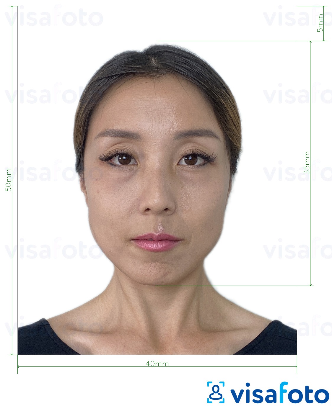 Przykład zdjęcia dla Hongkong Paszport 40x50 mm (4x5 cm) z podaniem dokładnego rozmiaru.