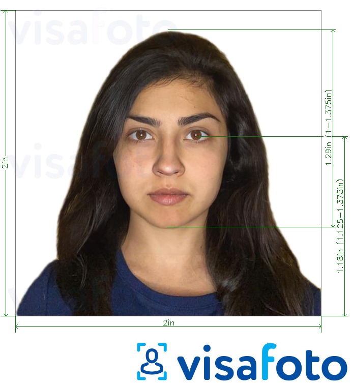 Przykład zdjęcia dla Izrael paszport 5x5 cm (2x2 cale, 51 x 51 mm) z podaniem dokładnego rozmiaru.