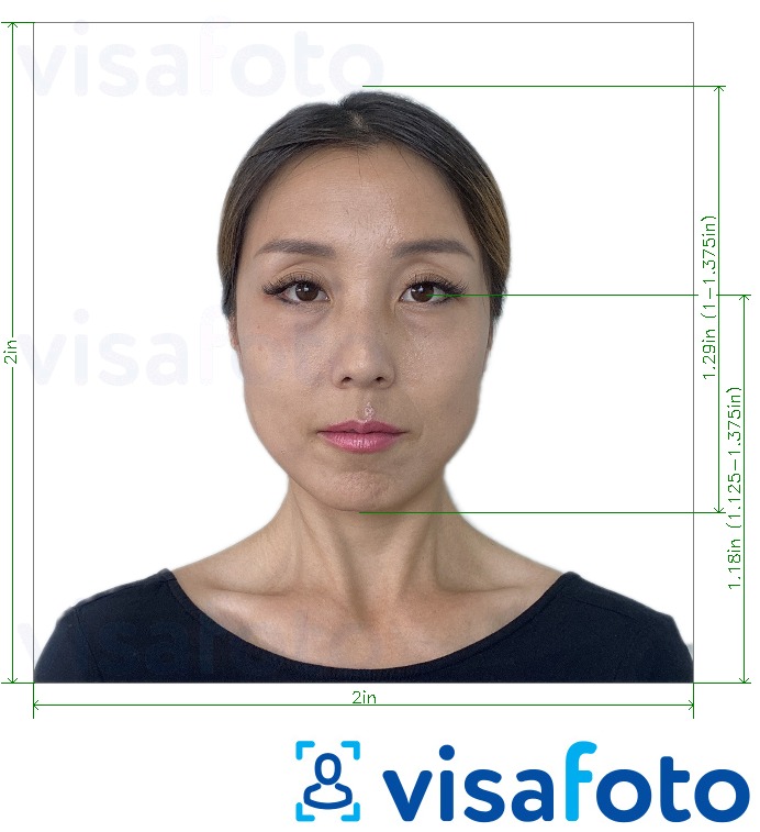 Przykład zdjęcia dla Japońska wiza 2x2 cala (wiza standardowa z USA) z podaniem dokładnego rozmiaru.