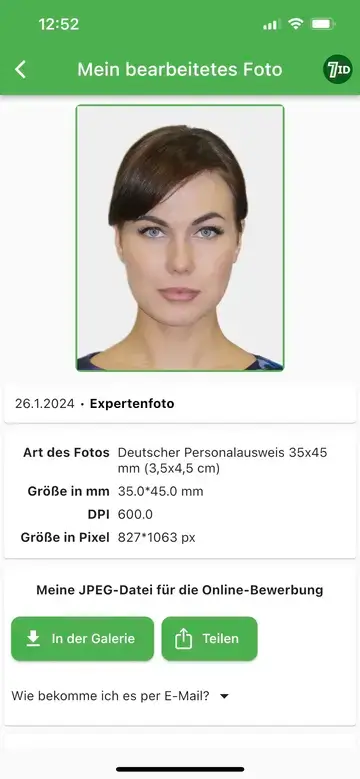 Aplicația 7ID: Exemplu de fotografie pentru pașaport german