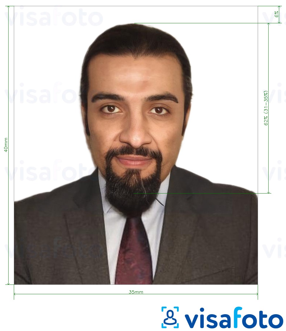 Przykład zdjęcia dla Emirates ID / wiza pobytowa dla ZEA ICA z podaniem dokładnego rozmiaru.