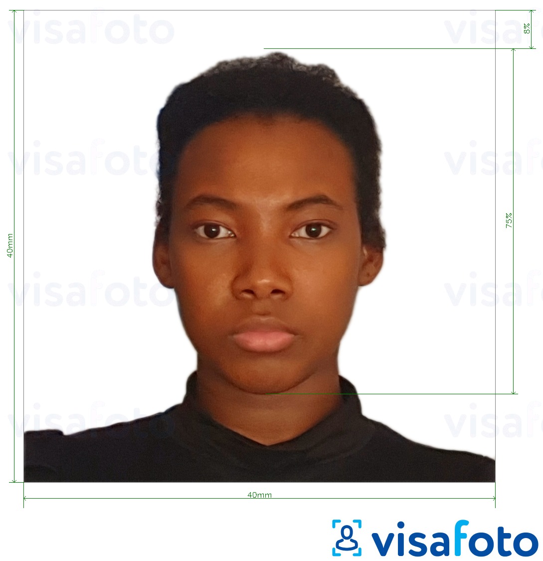 Przykład zdjęcia dla Paszport kameruński 4x4 cm (40x40 mm) z podaniem dokładnego rozmiaru.