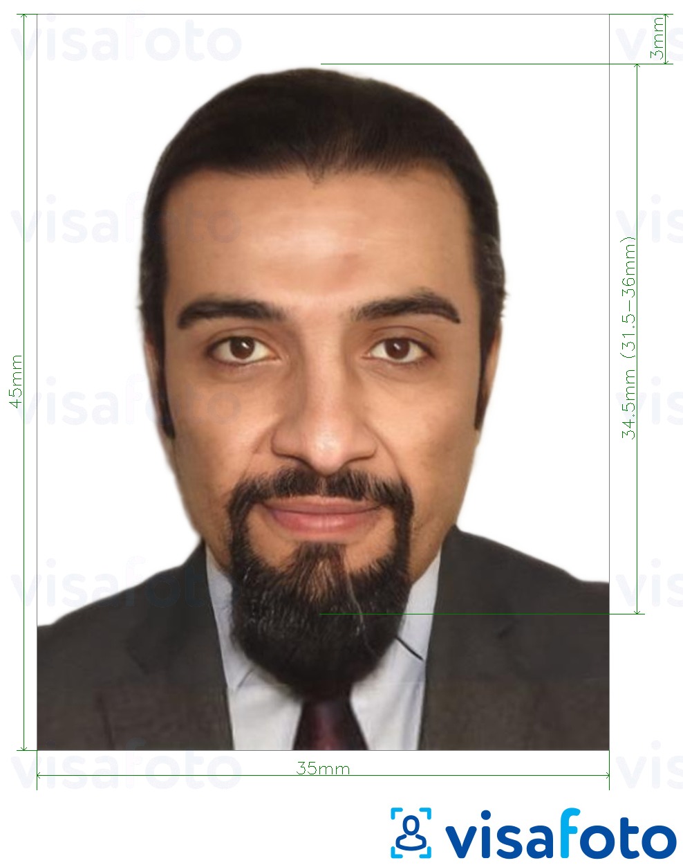 Przykład zdjęcia dla Etiopia e-wiza online 35x45 mm (3,5x4,5 cm) z podaniem dokładnego rozmiaru.