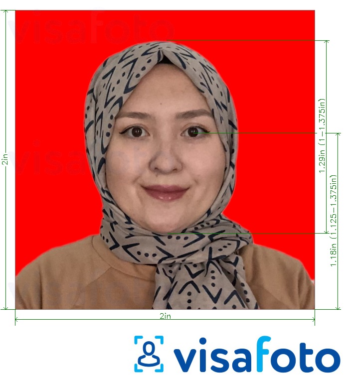 Przykład zdjęcia dla Paszport Indonezji 51x51 mm (2x2 cala) czerwone tło z podaniem dokładnego rozmiaru.
