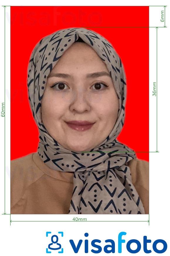 Przykład zdjęcia dla Wiza indonezyjska 4x6 cm czerwone tło z podaniem dokładnego rozmiaru.