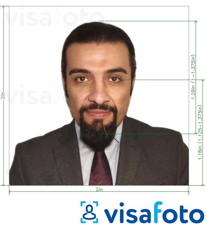 Przykład zdjęcia dla Iracki paszport 5x5 cm (51x51 mm, 2x2 cale) z podaniem dokładnego rozmiaru.