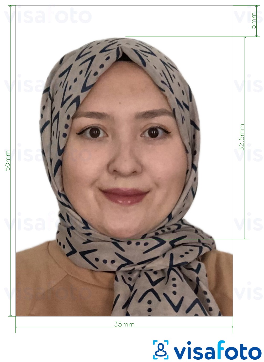 Przykład zdjęcia dla Malezja e-visa online 35x50 mm z podaniem dokładnego rozmiaru.