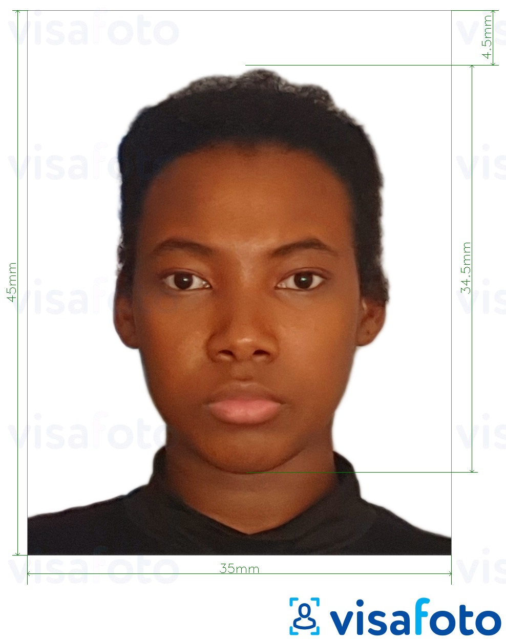 Przykład zdjęcia dla Paszport nigeryjski 35x45 mm z podaniem dokładnego rozmiaru.