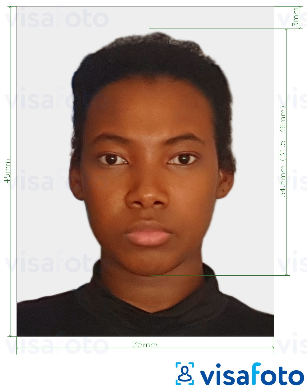 Przykład zdjęcia dla Suriname visa online z podaniem dokładnego rozmiaru.