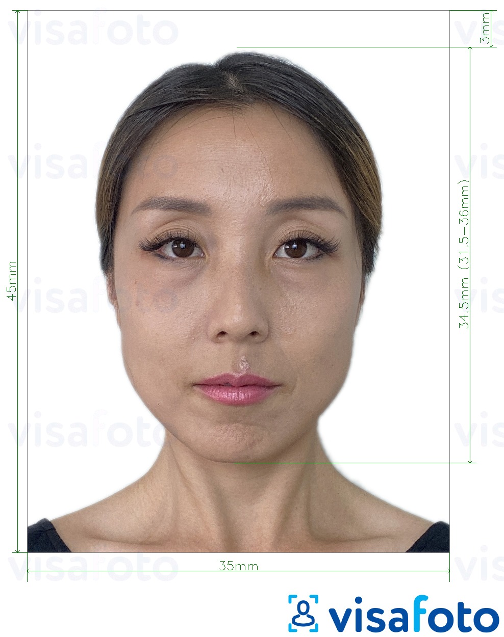 Przykład zdjęcia dla Tajwan wiza 35x45 mm (3,5x4,5 cm) z podaniem dokładnego rozmiaru.