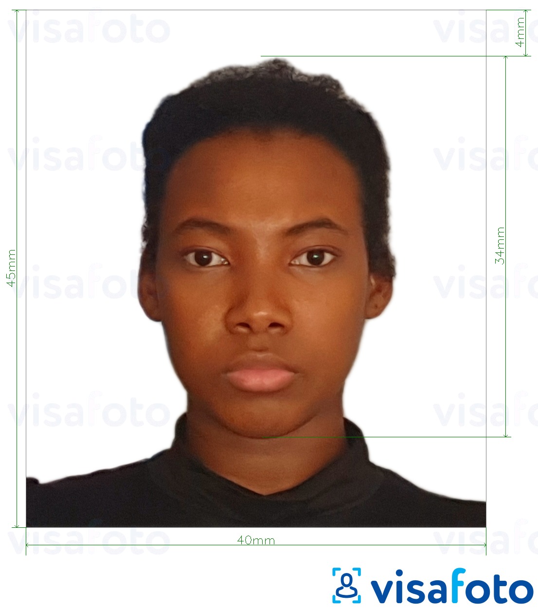 Przykład zdjęcia dla Paszport Tanzanii 40x45 mm (4x4,5 cm) z podaniem dokładnego rozmiaru.