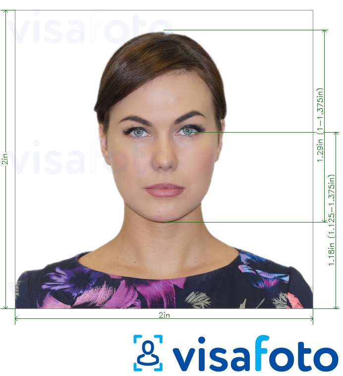 Przykład zdjęcia dla Karta paszportowa USA 2x2 cale z podaniem dokładnego rozmiaru.
