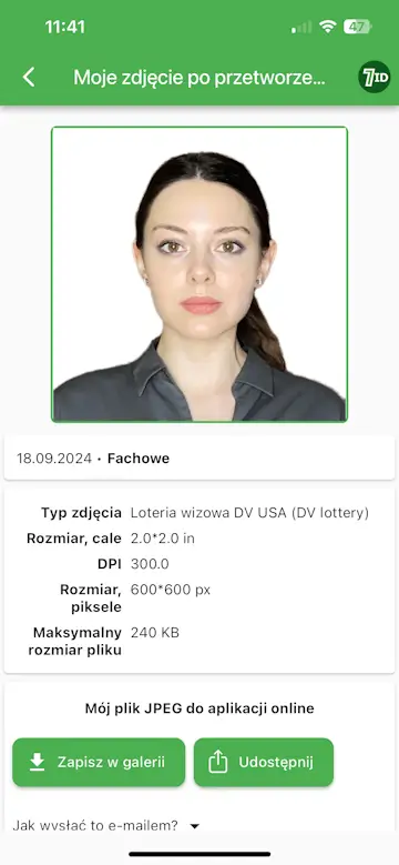 Aplikacja 7ID: Przykład zdjęcia loterii DV