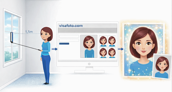 Zrób zdjęcie za pomocą smartfona lub aparatu fotograficznego na tle jasnej ściany, prześlij je tutaj i otrzymaj odpowiednie zdjęcie do wizy, paszportu lub dowodu osobistego.